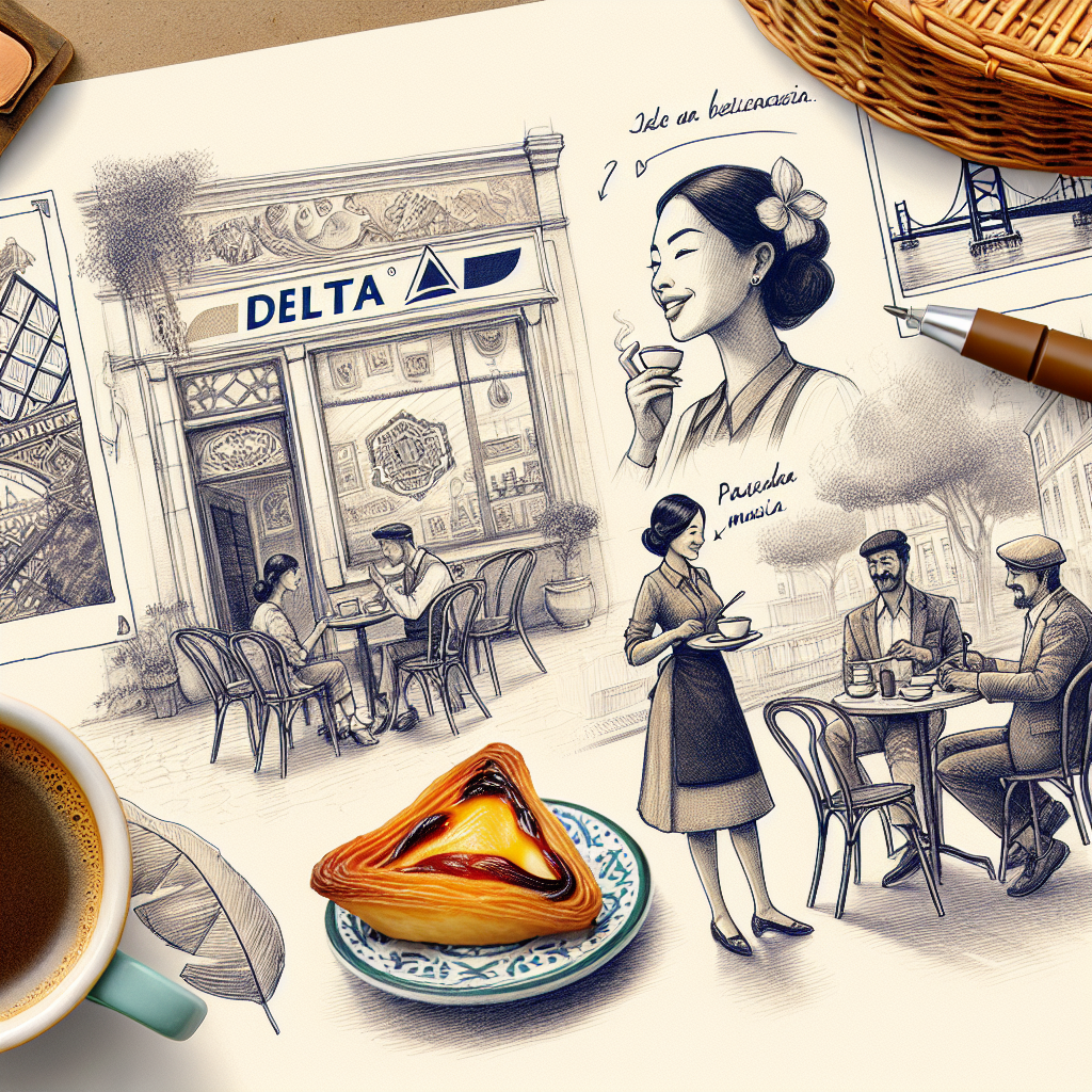 Visualize a traditional Portuguese Cafe setting with an emphasis on the brand 'Delta'. Sketch a scene with a South Asian waitress serving a cup of rich, aromatic coffee on a ceramic table. Include details like a rustic brick wall, vintage photographs of Portuguese landscapes, Fado music playing subtly in the background, and an Hispanic man enjoying a Pastel de Nata. The ambiance should be warm and inviting, well representing the delicious flavor and tradition of a Portuguese cafe.
