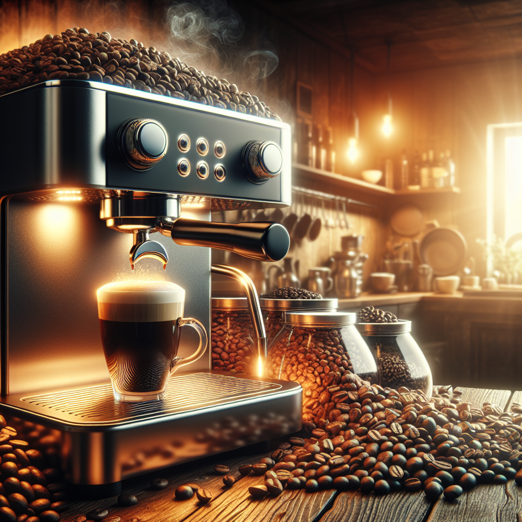 Create an image showing a rich variety of coffee beans, each with their unique texture and color - beans like the robusta and arabica being prominent. Display a sleek, modern espresso machine glowing in a warm, inviting kitchen. The machine should be making a perfect coffee shot with crema at the top. Add some atmospheric elements such as steam rising from the machine, the warm glow of sunrise illuminating the scene, and the tranquil ambiance of a perfectly serene morning, for a complete depiction of an ideal espresso experience.